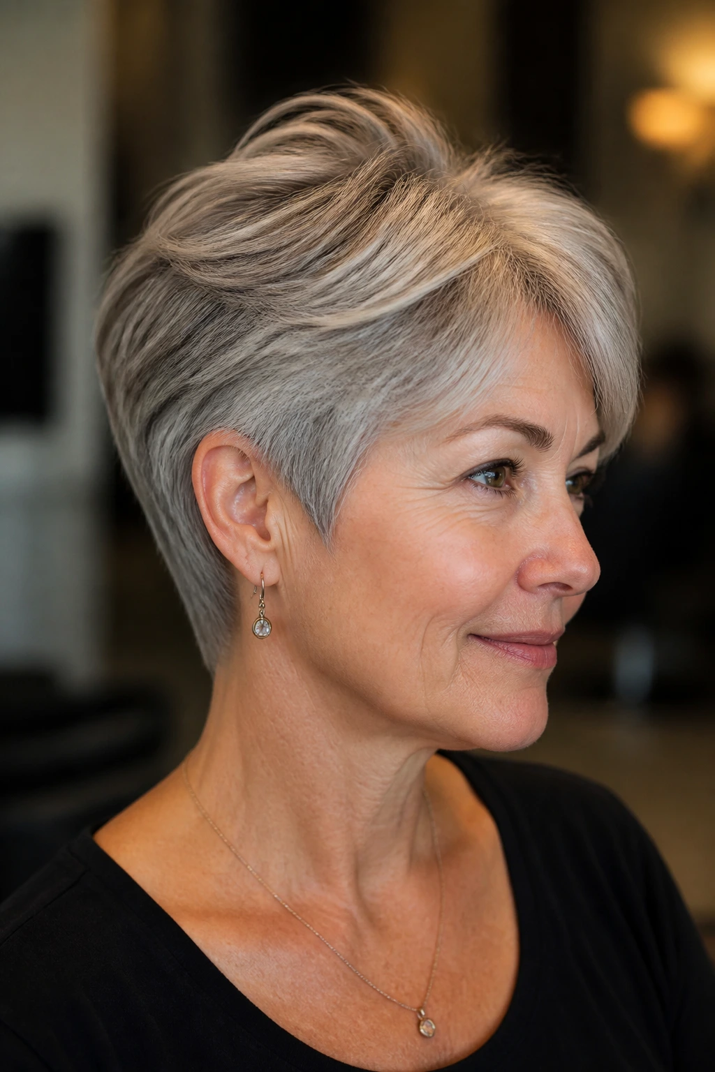 Real woman with tapered bixie showing crown lift portrait