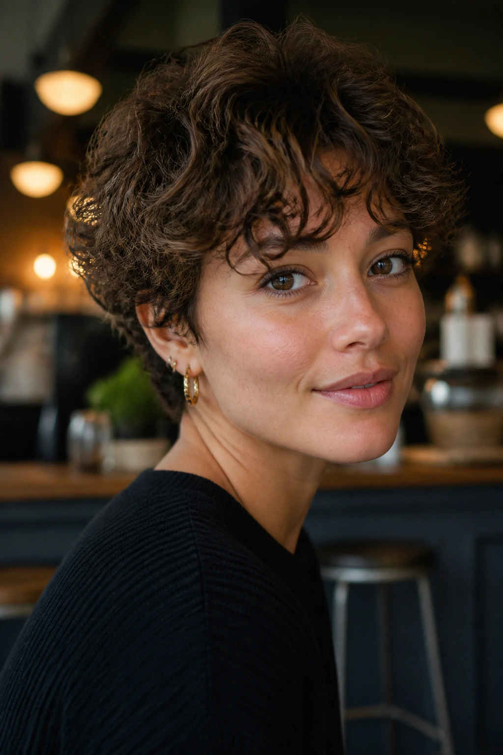 Portrait of a person with bixie haircut showing airy lift