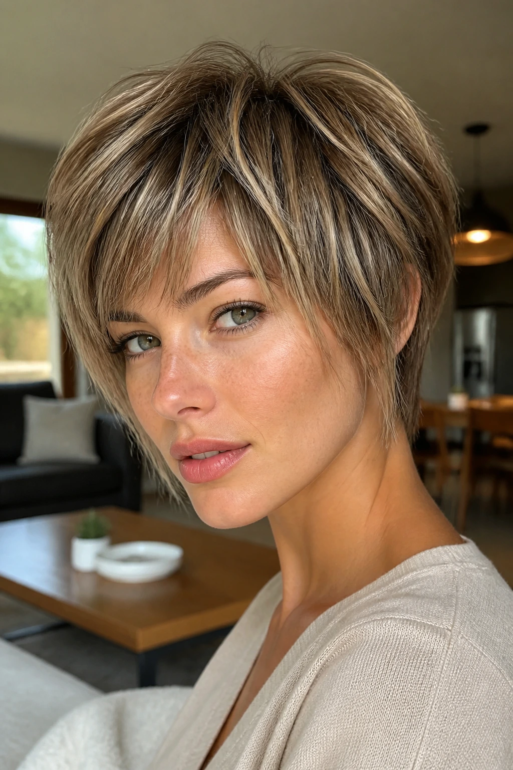 Portrait of woman with bixie haircut