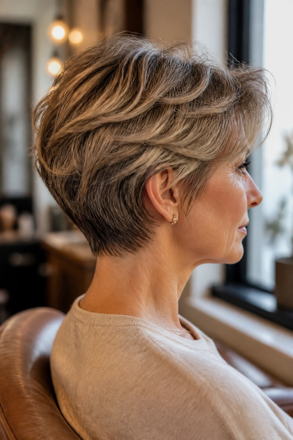 Close-up portrait of a real woman with thick hair in a bixie and tapered nape.
