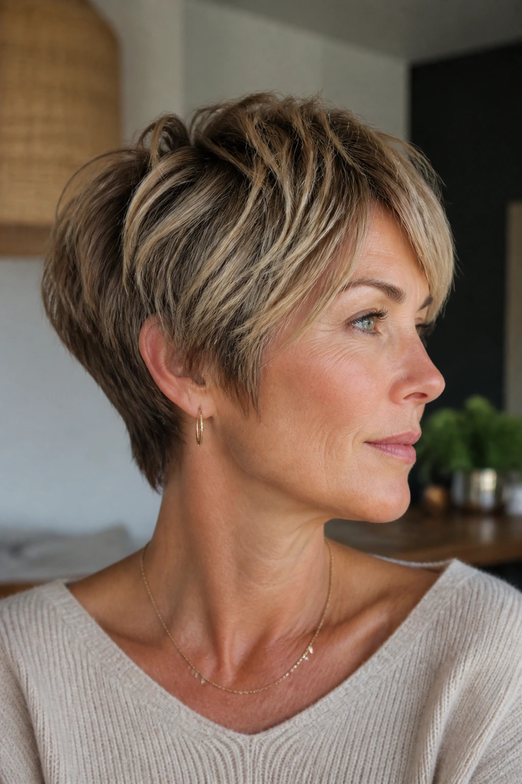 Real woman with textured bixie haircut showing crown lift