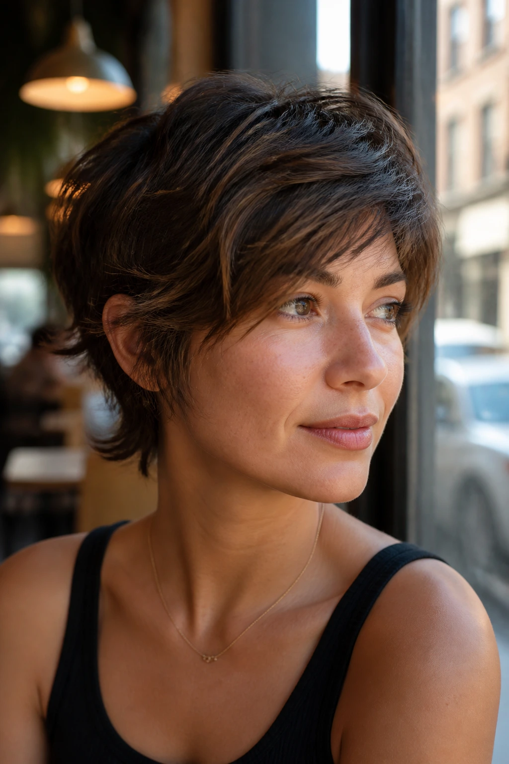Close-up of a real person with Bixie Textured Top under natural light