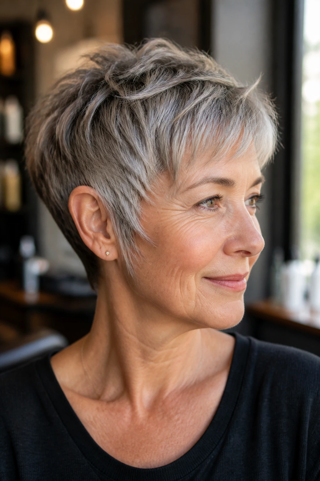 Close-up portrait of a real woman with The Bixie hairstyle in a warm salon setting