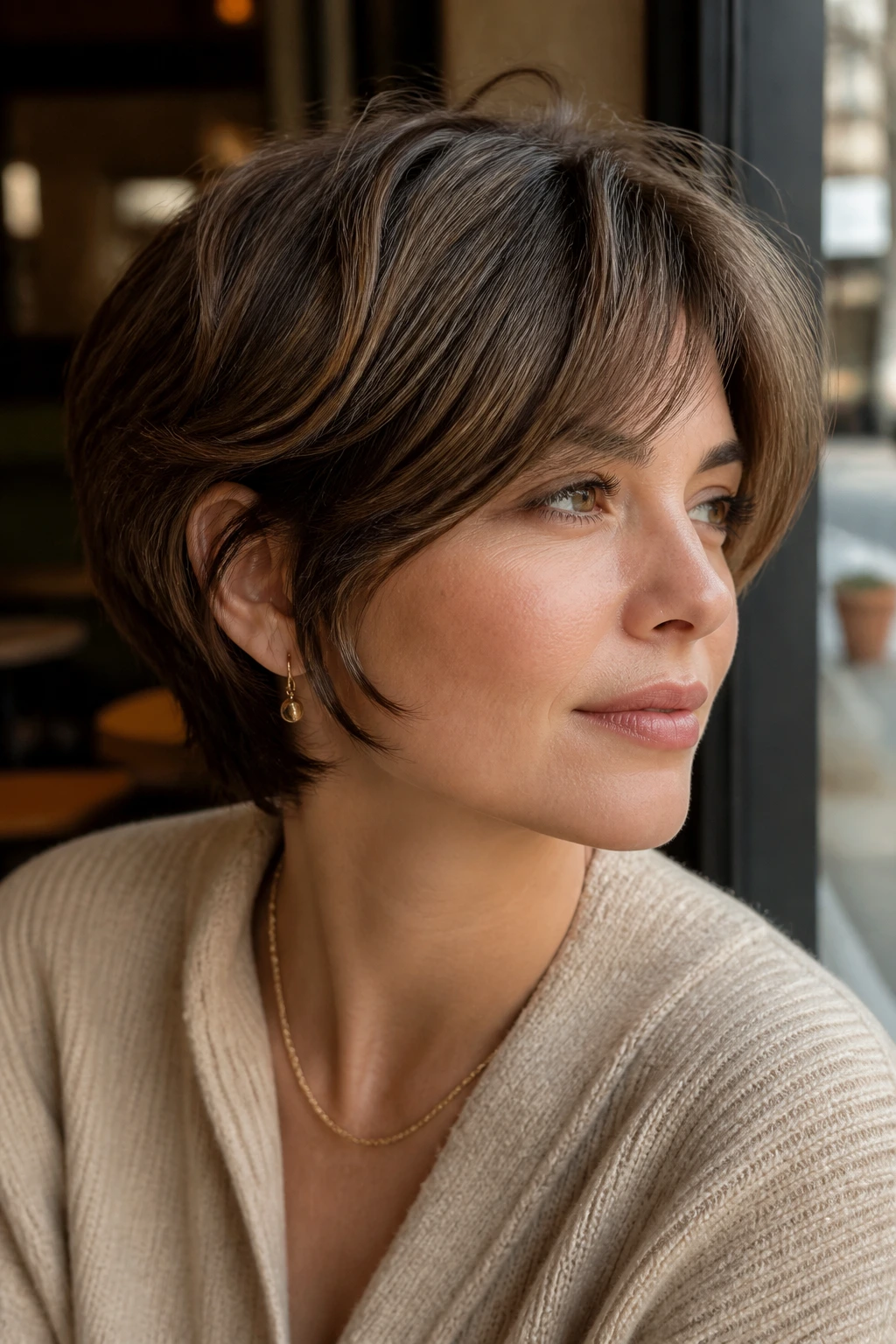 Close-up of a real woman with bixie haircut showing movement on top