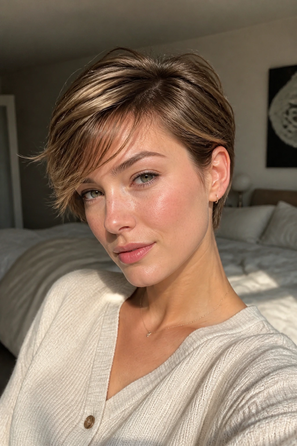 Close-up of bixie hairstyle on a real person in a softly lit bedroom