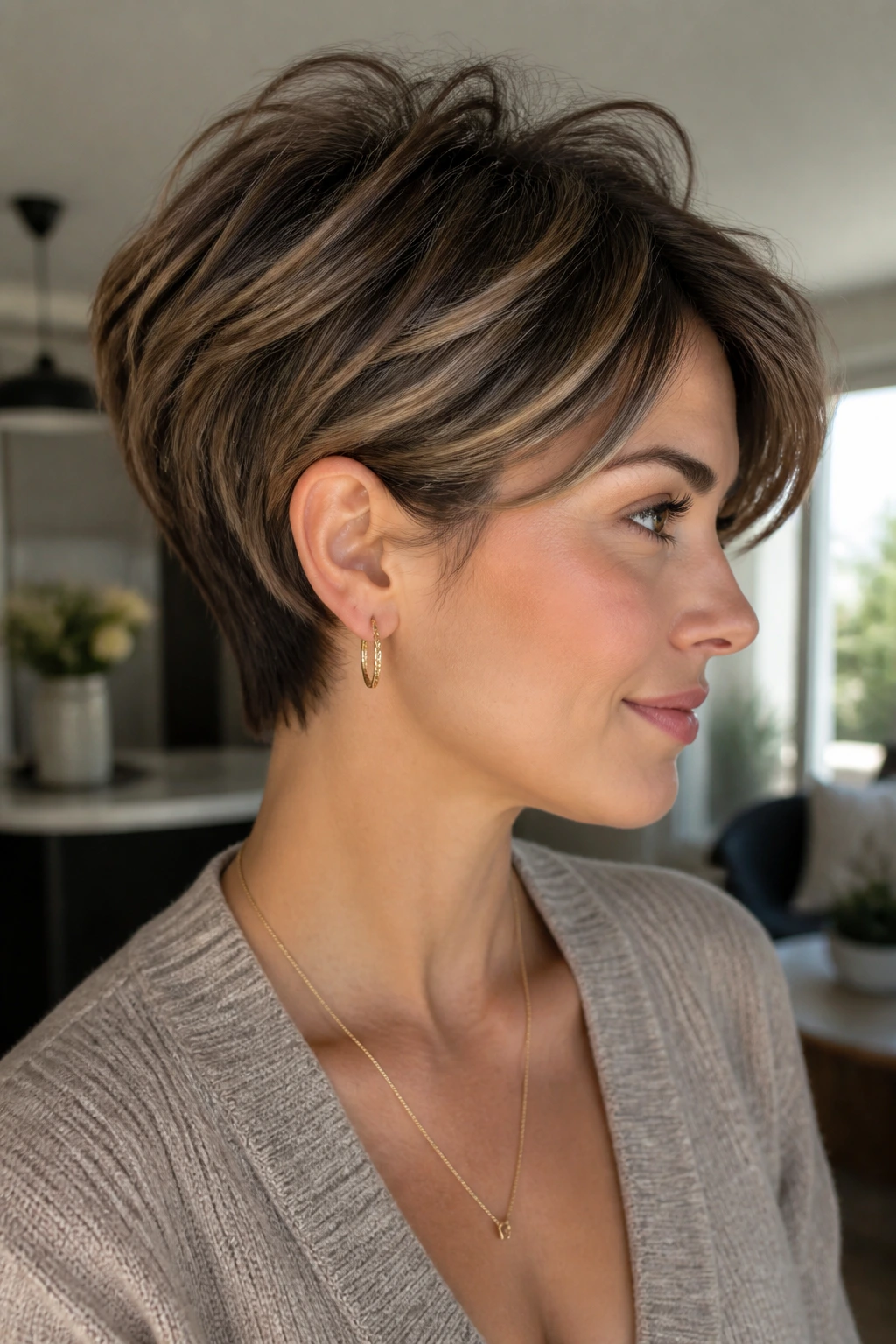 Portrait of a real person with bixie hairstyle showing weight removal built into the cut.