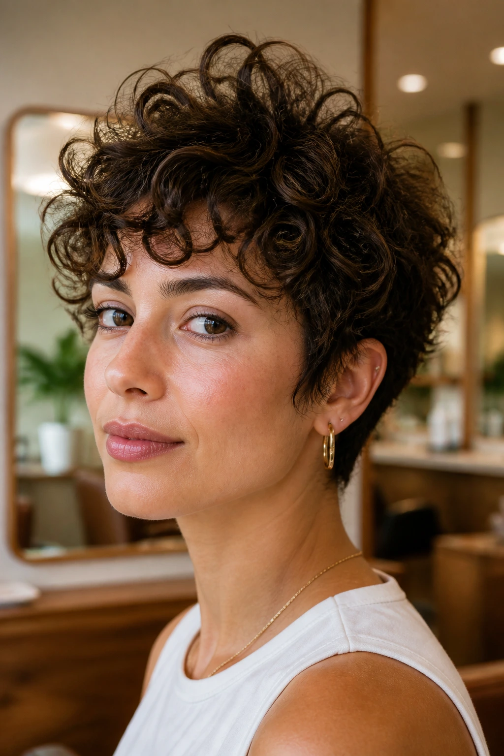 Close-up portrait of a real woman with a bixie and high crown curls