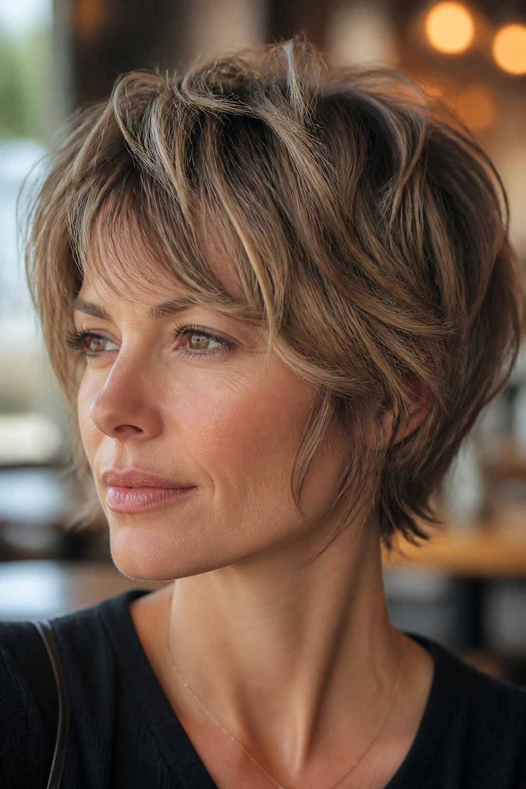 Three-quarter portrait of a real woman with a Bixie Hybrid cut