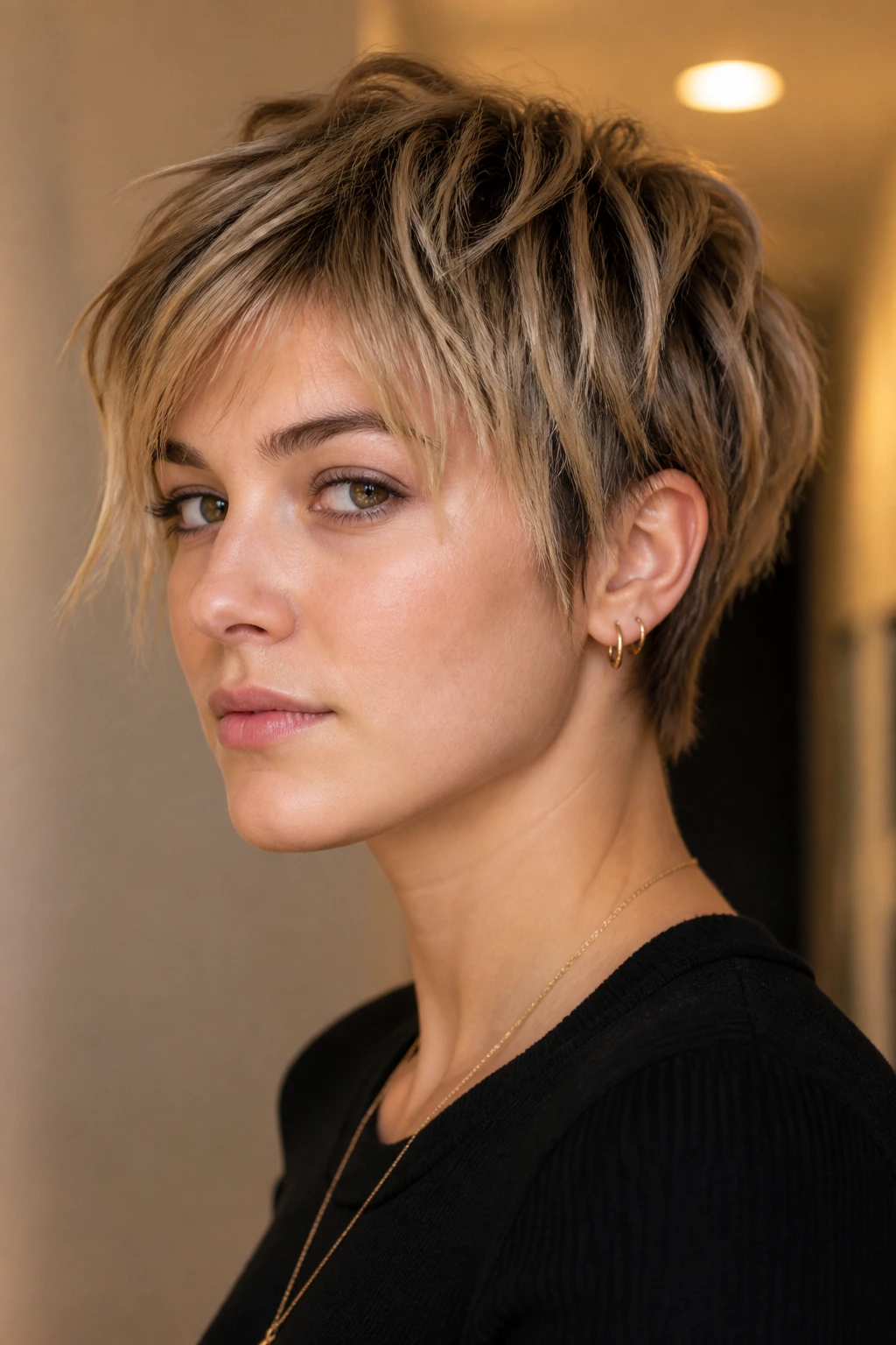 Close-up portrait of a real person with a jagged-edged bixie cut in a warm indoor setting