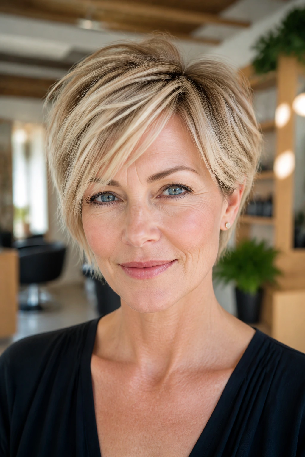 Real woman with a piecey layered bixie haircut and beige blonde highlights.