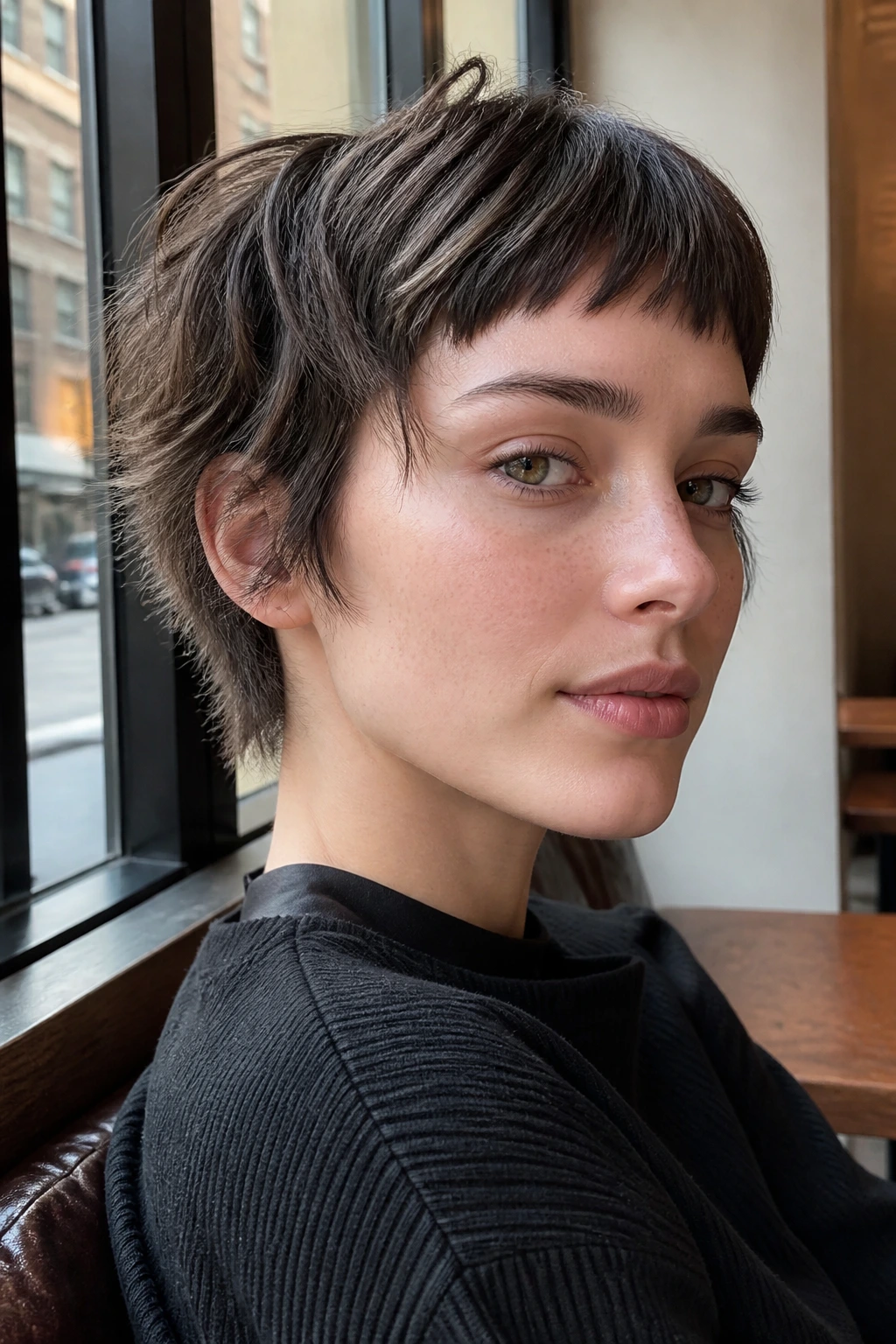 Portrait of a person with a bixie cut and micro bangs