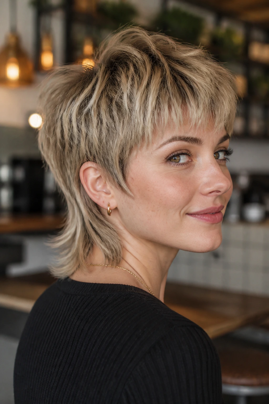 Portrait of a real woman with bixie mullet with airy layers in warm cafe light