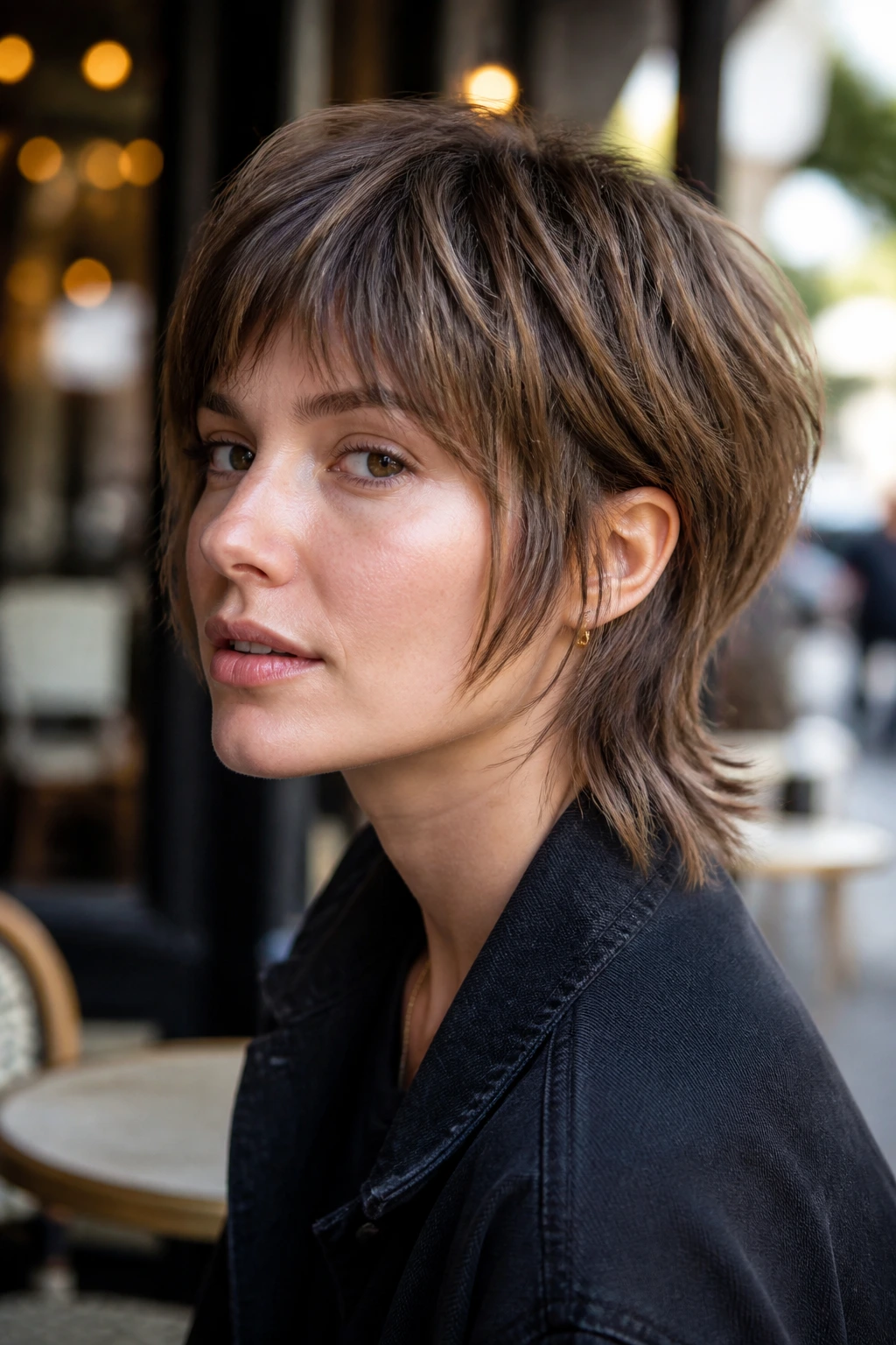 Portrait of a real woman with a bixie mullet showing front bob-like length and longer back tail.