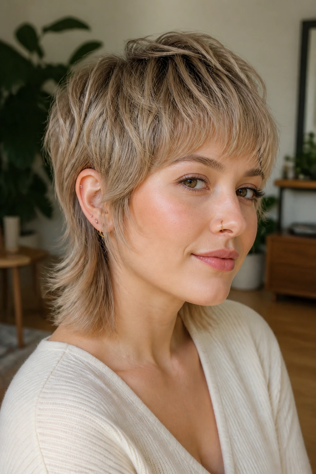 Close-up portrait of a real woman with a bixie mullet showing rounded front and lifted crown
