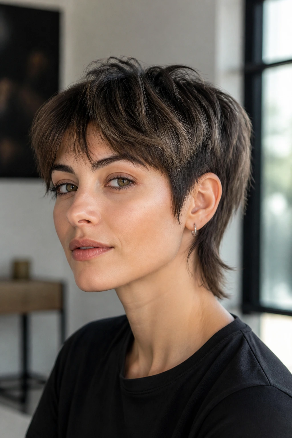 Close-up of real woman with bixie mullet showing short sides and longer top swept forward