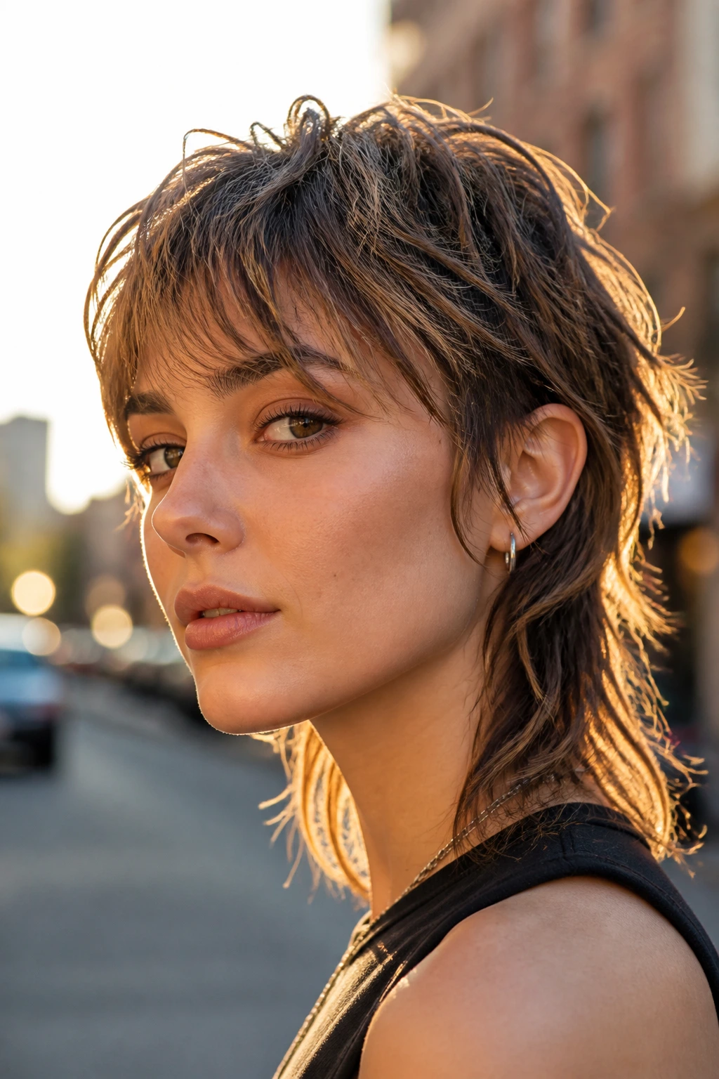 Portrait of a woman with bixie mullet showing ear-line and longer back.
