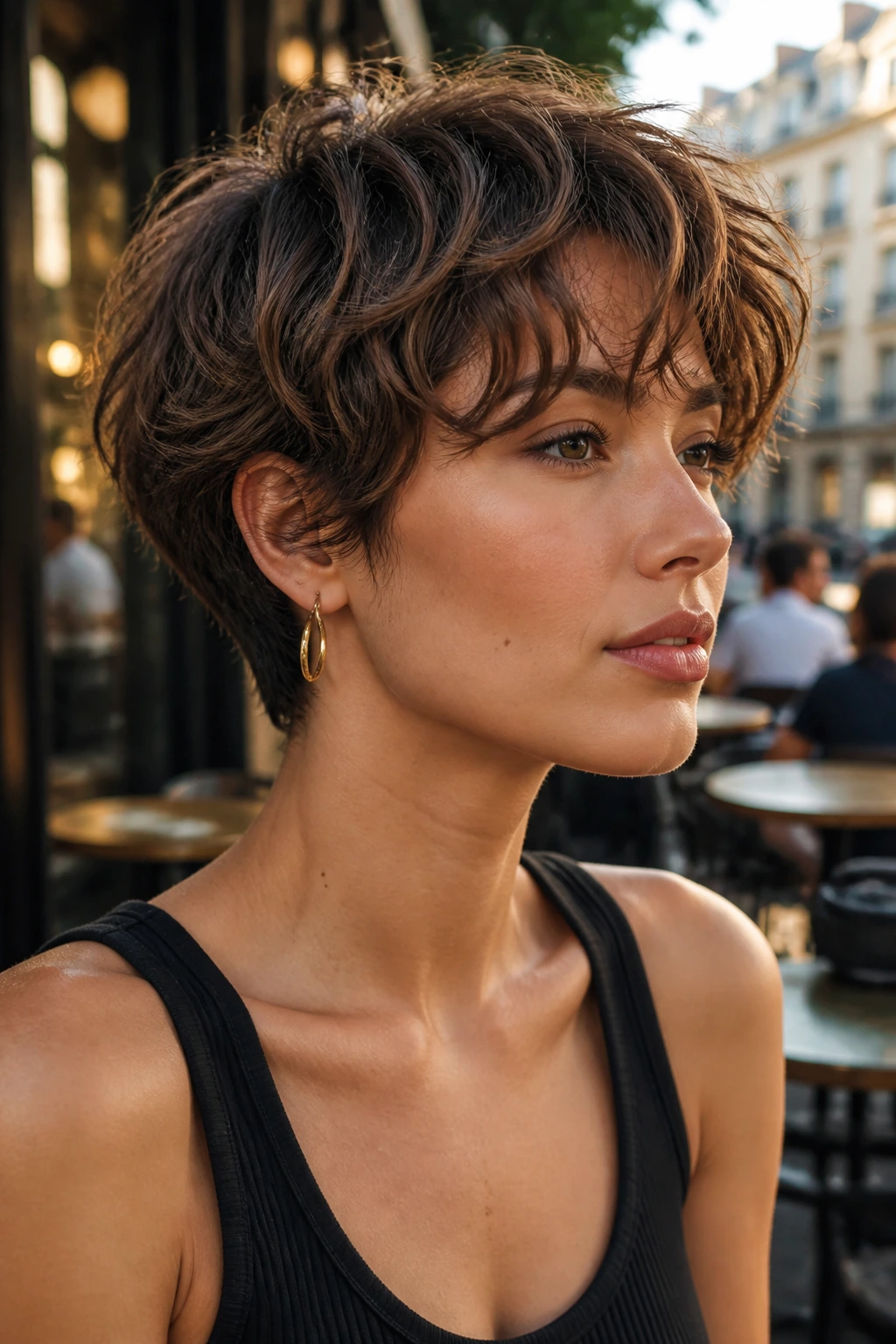 Close-up of a woman with bixie haircut showing natural bend