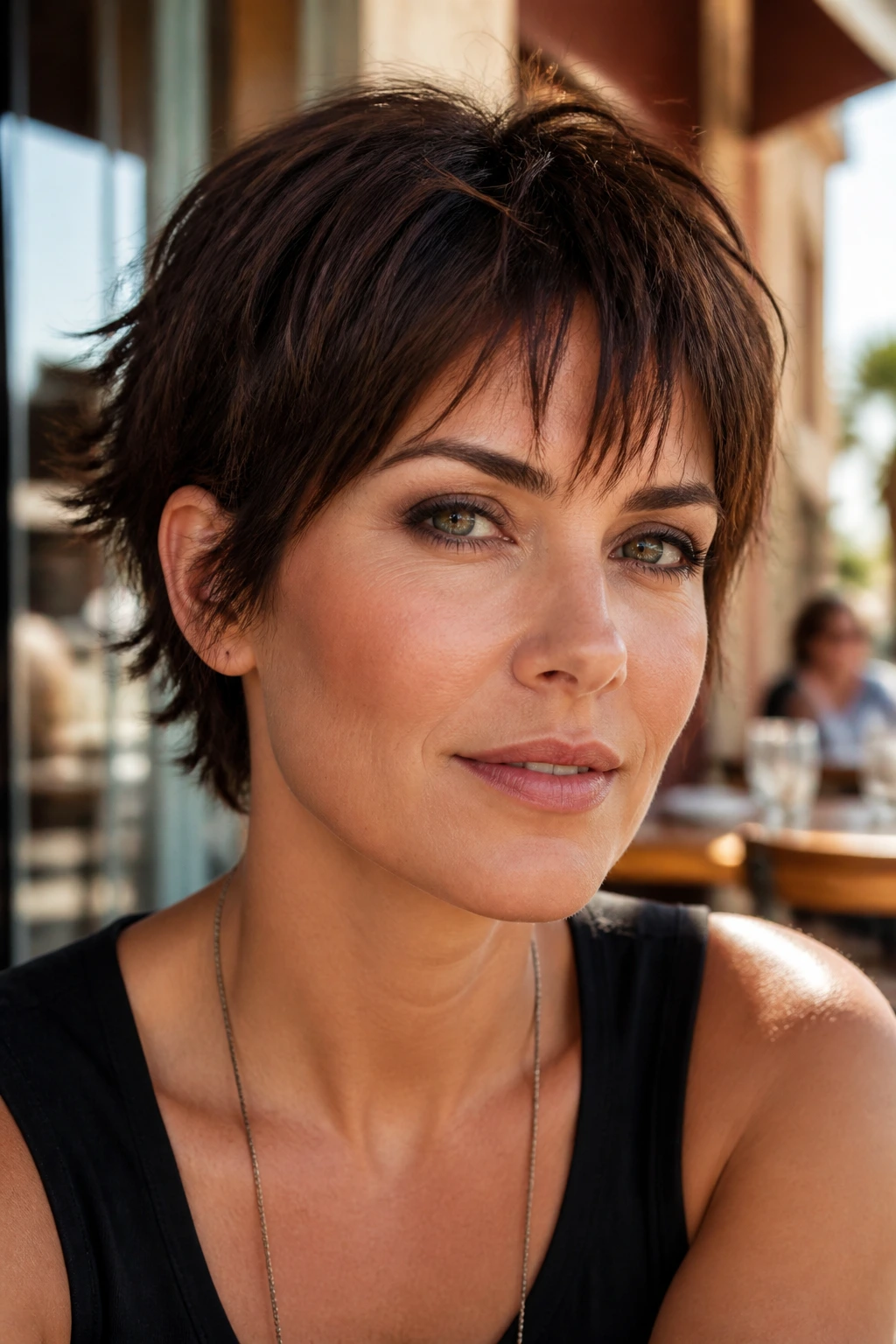 Portrait of a woman with a bixie haircut and piecey bangs in daylight outdoors.
