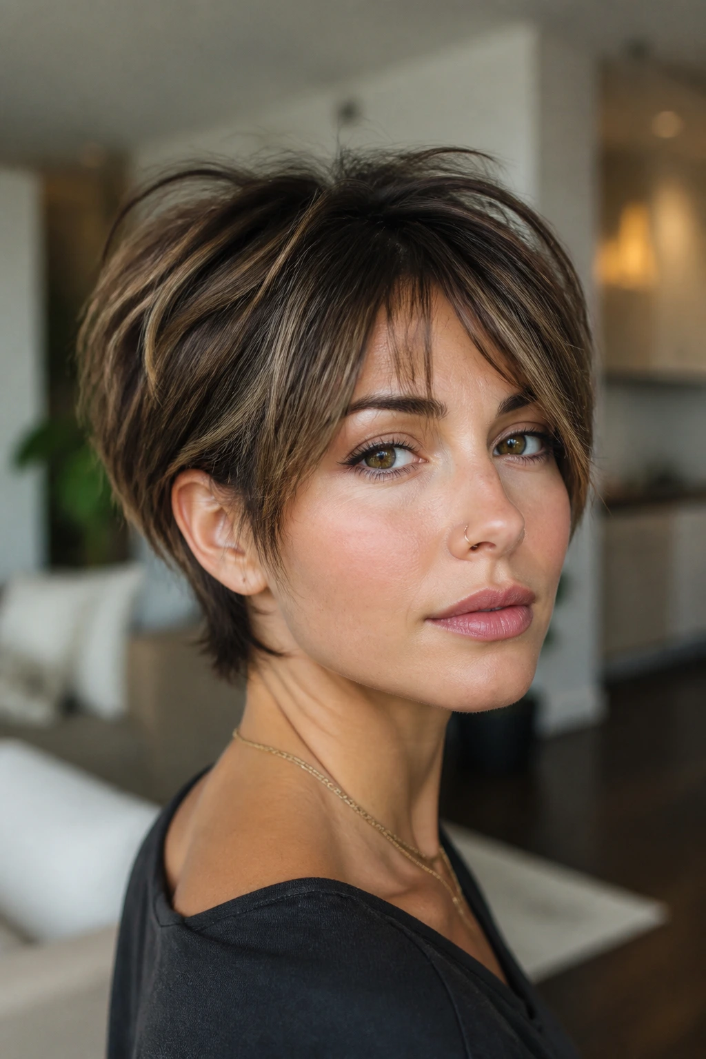 Close-up of a real woman with a bixie cut and piecey layers