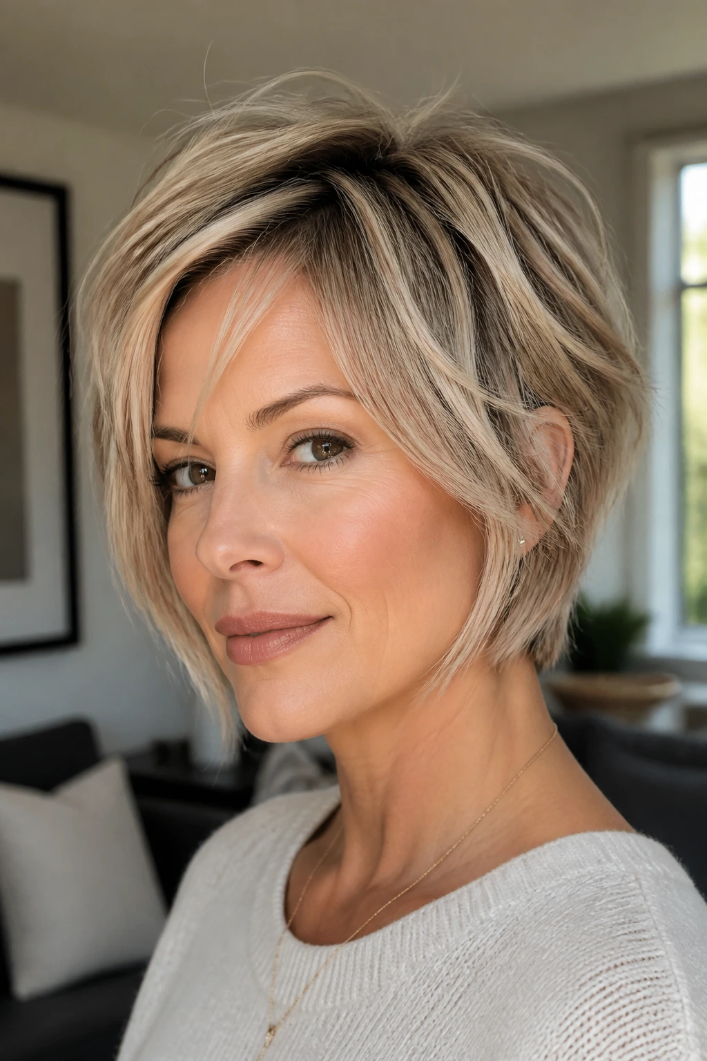 Close-up of a real woman with bixie-inspired pixie bob showing textured top and jawline.