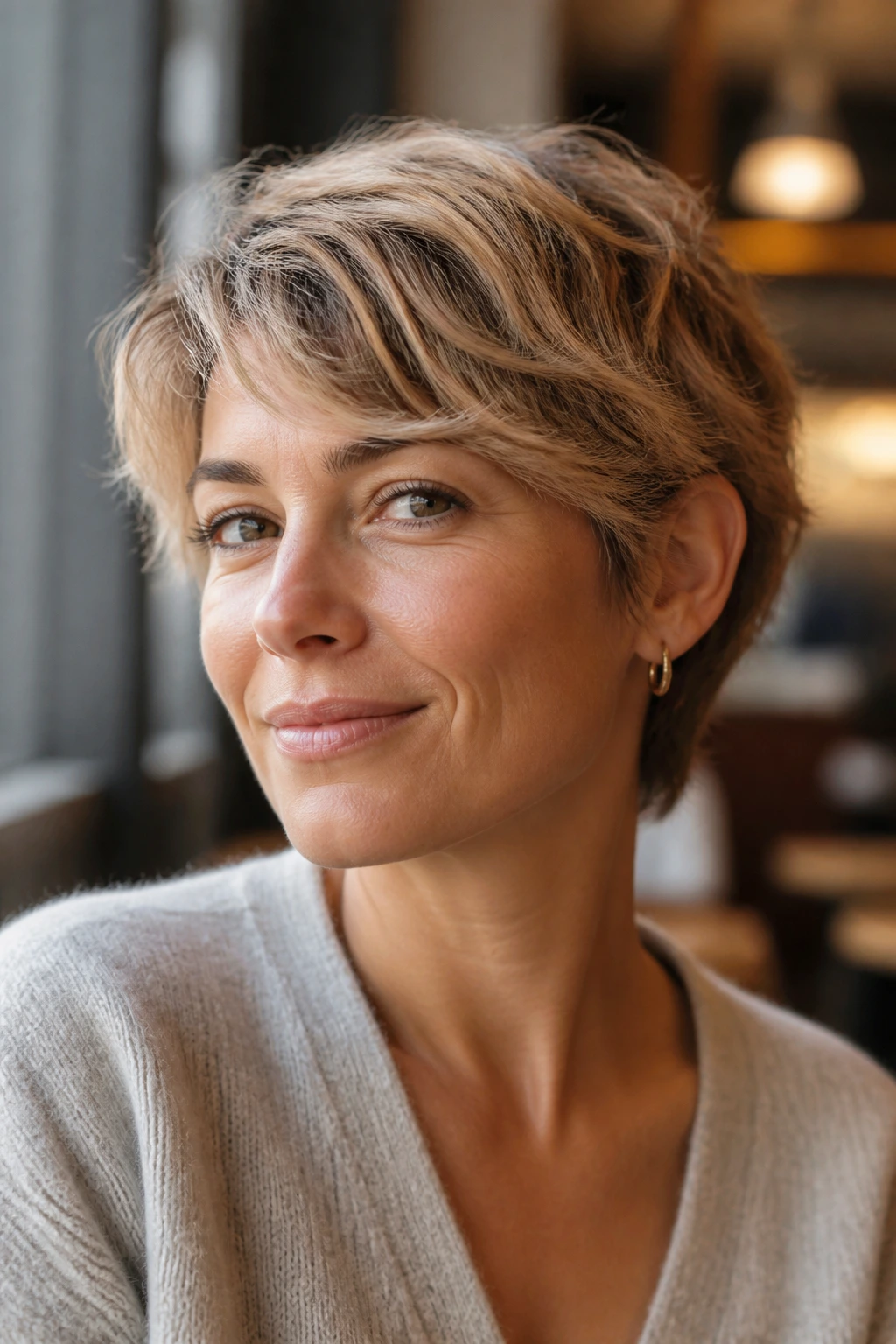 Close-up portrait of a woman with grown-out bixie hairstyle and soft front sweep.