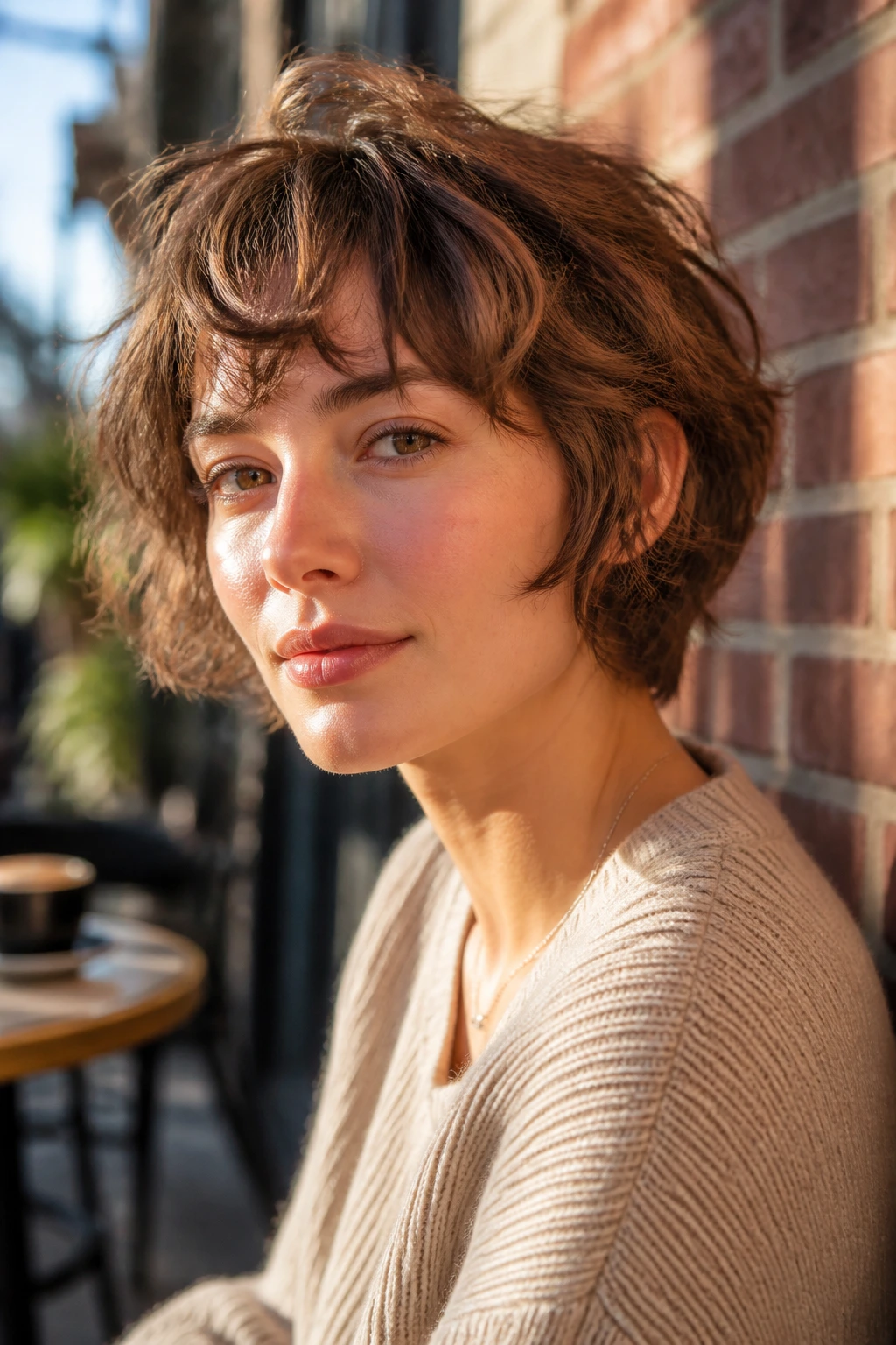 Three-quarter portrait of a real person with bixie hairstyle showing transition between bob and pixie.