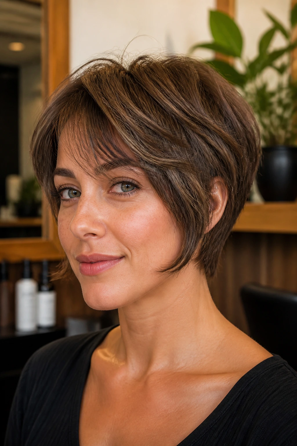 Portrait of a woman with bixie cut showing front cheek-length and back shorter