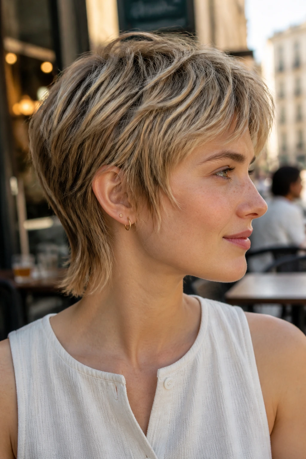 Close-up of a real woman with bixie layers in a sunlit cafe setting