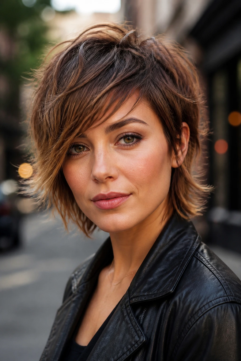 Portrait of a woman with bixie shag and diagonal fringe.