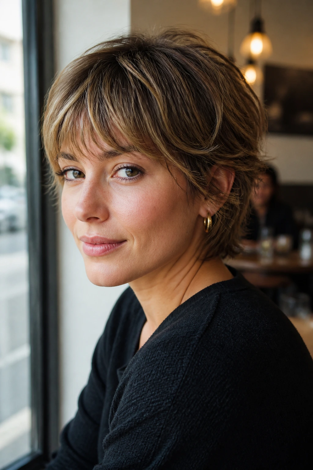 Close-up of a woman with bixie shag showing mid-length silhouette and fringe