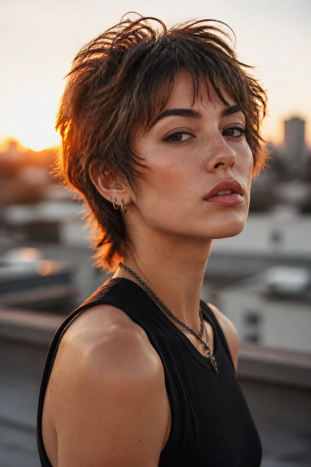 Real woman with bixie-shag hybrid showing short back and longer top