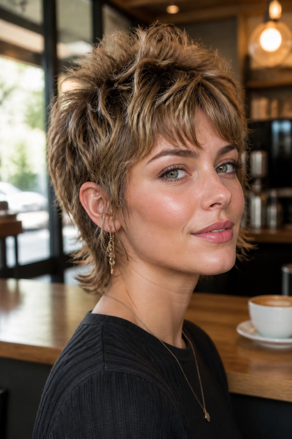 Portrait of a person with bixie shag showing choppy crown and lifted crown texture
