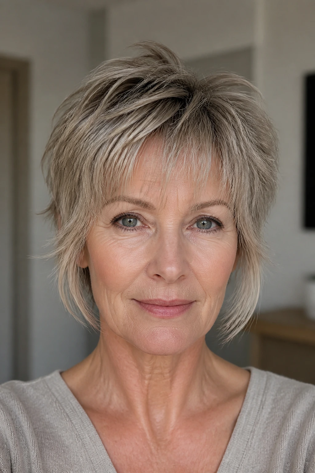 Close-up portrait of a real woman with a bixie shag hairstyle