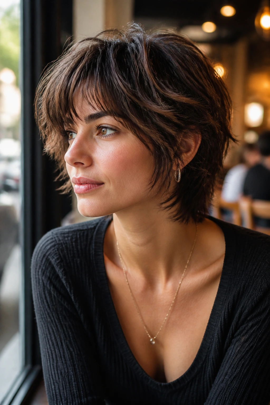 Close-up portrait of a real woman with the bixie shag hairstyle in warm cafe light