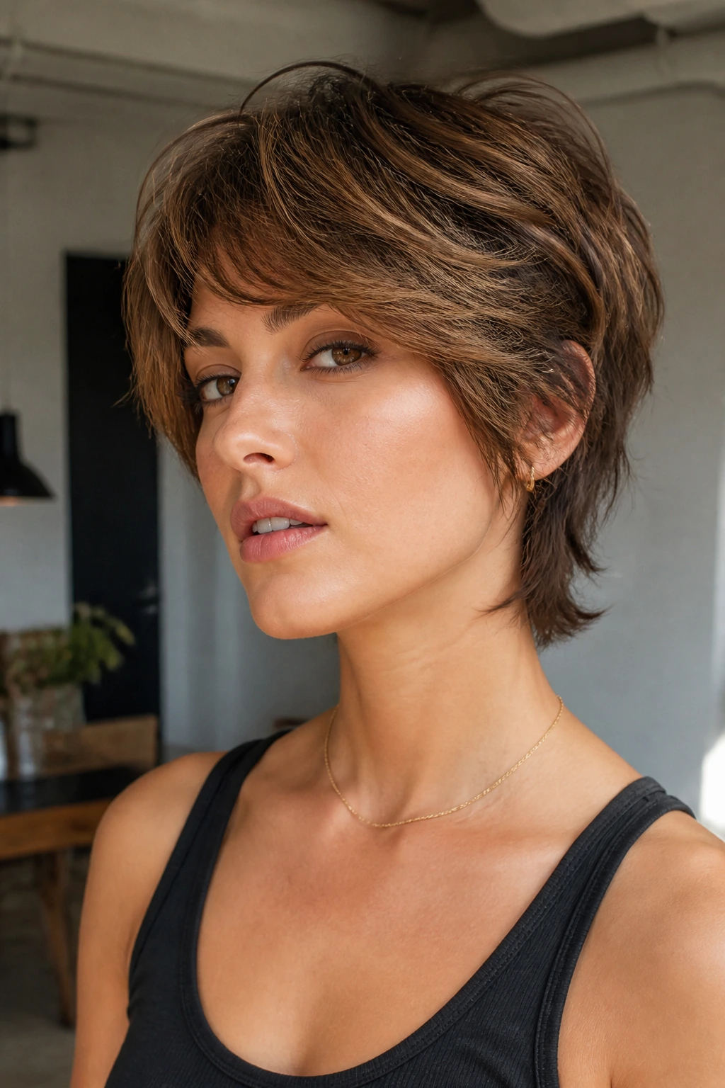 Close-up of real woman with bixie shag featuring short nape and longer top.