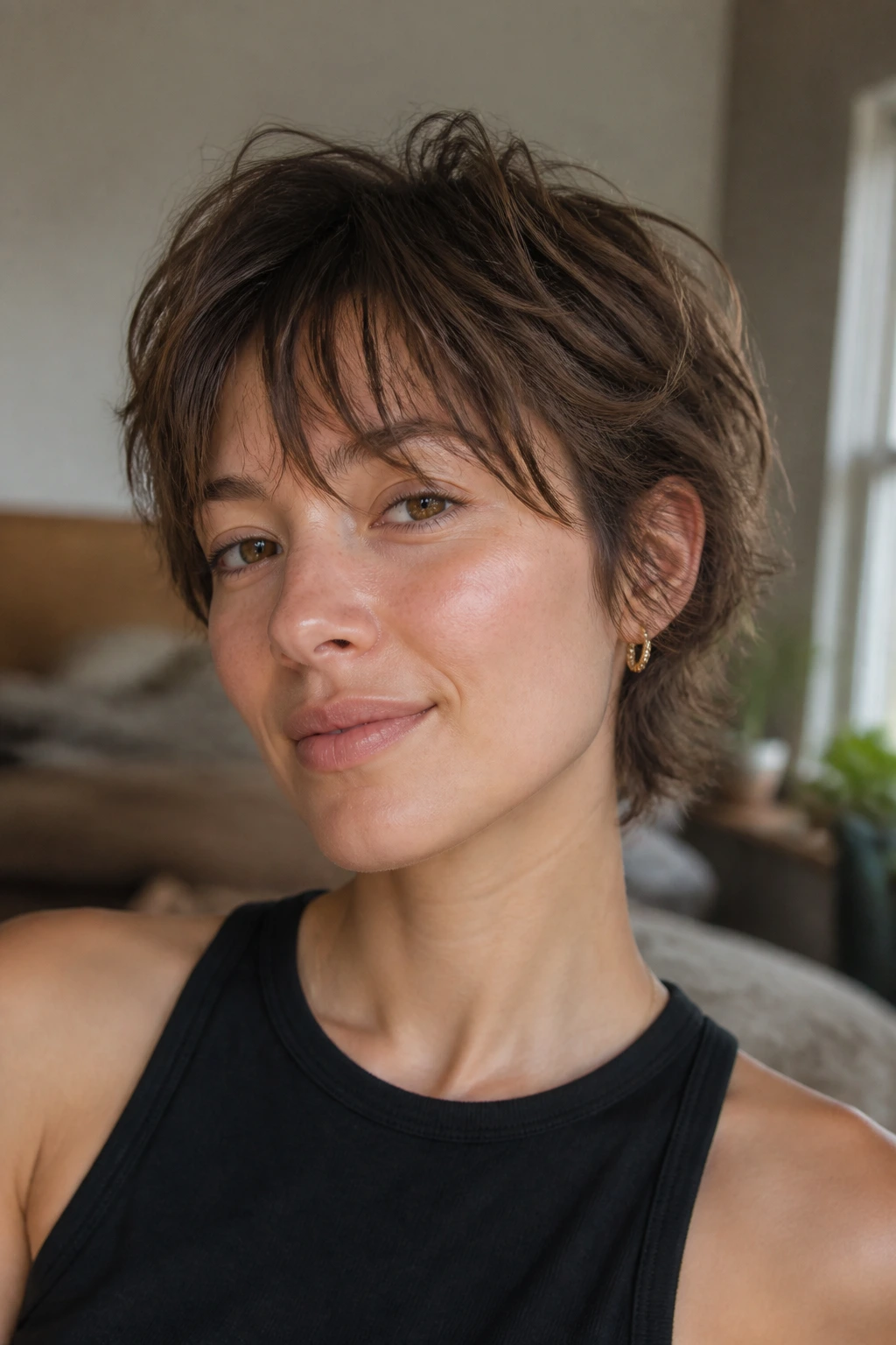 Close-up portrait of a real person with bixie shag and wispy bangs in a cozy indoor setting