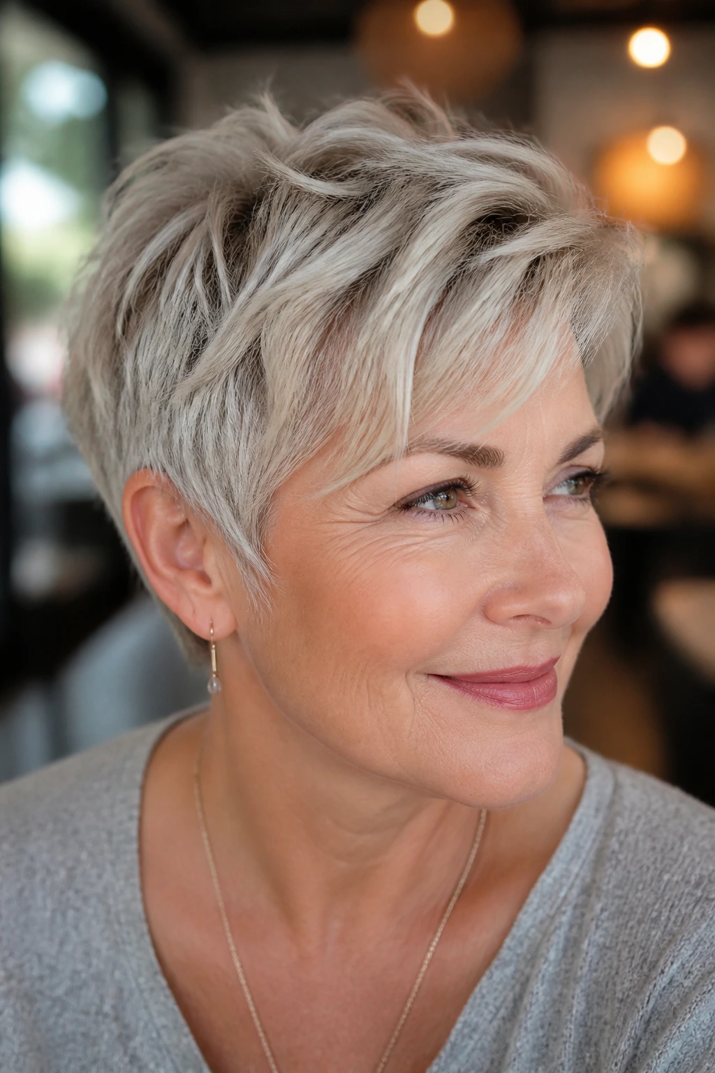 Close-up portrait of a woman with a bixie haircut and soft feathered edges