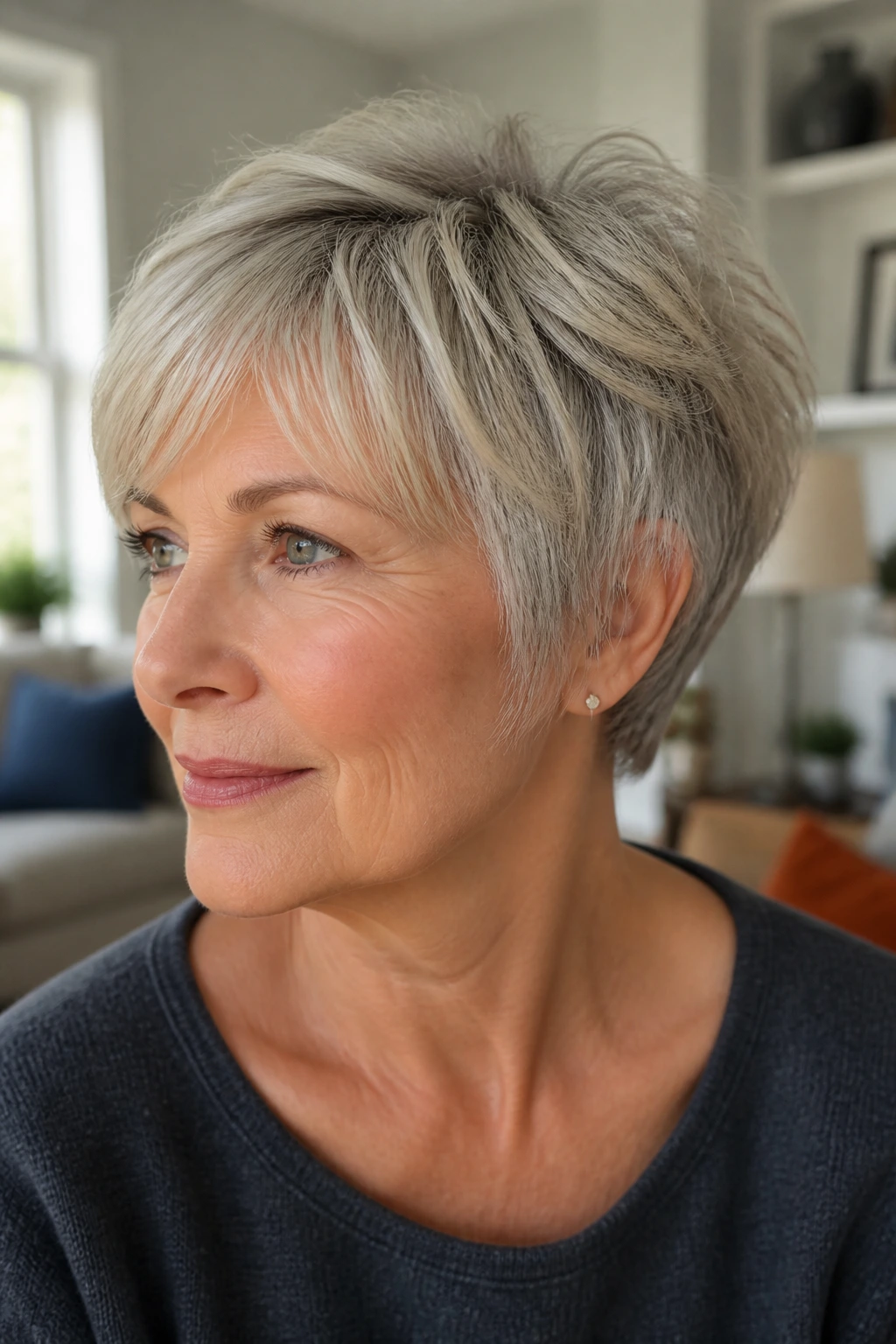Close-up of a real woman with a bixie haircut and soft ends around the ears.