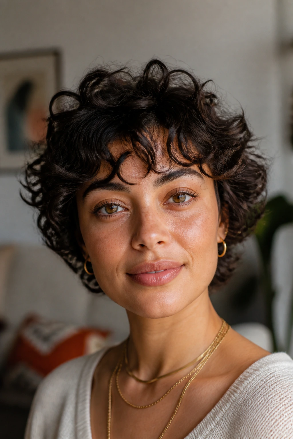 Close-up portrait of real woman with curly bixie and soft fringe.