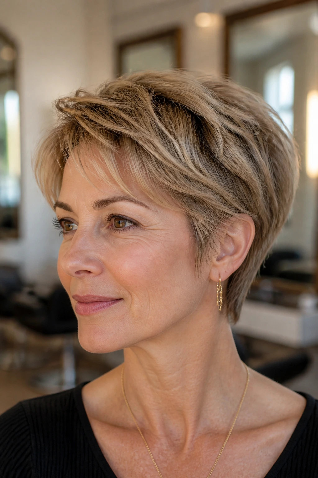 Close-up of a real person with a bixie cut featuring soft sideburns and textured top