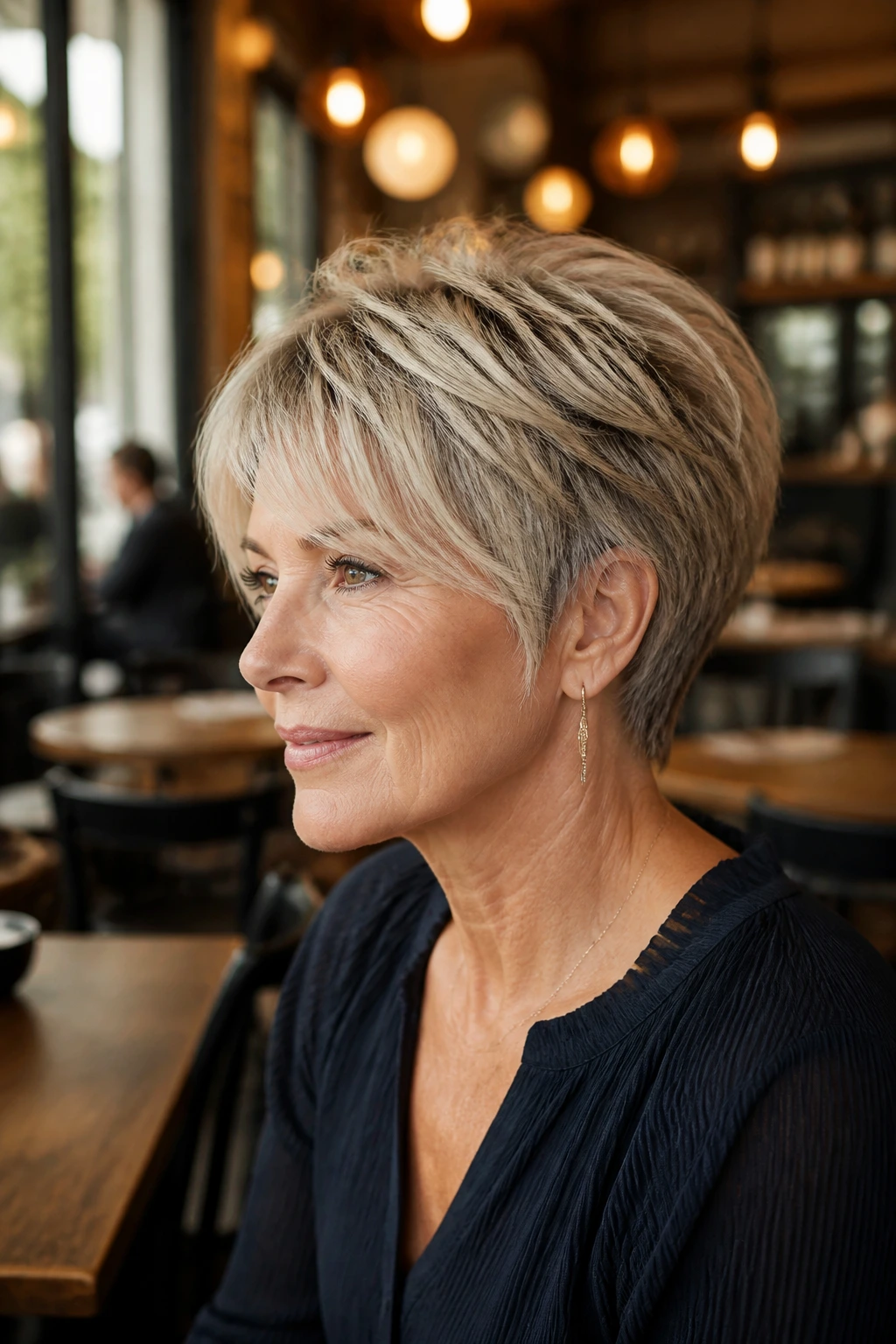 Real woman with bixie hairstyle showing stacked back.