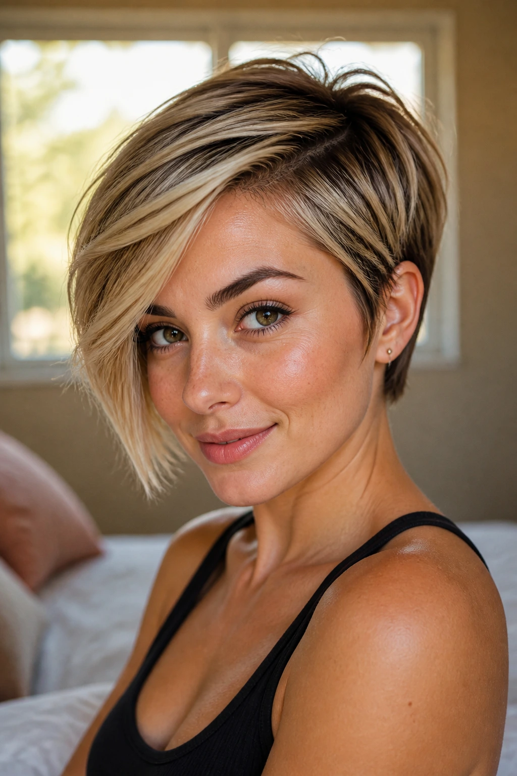 Close-up portrait of a woman with a bixie haircut featuring a sweeping front in warm bedroom light.