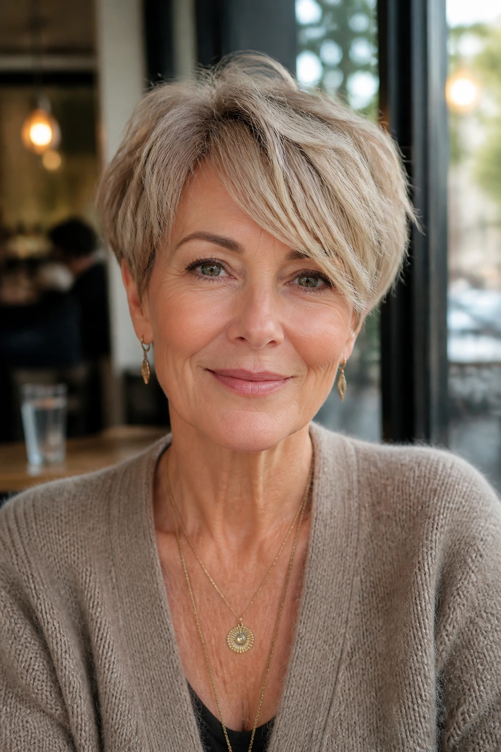 Front portrait of a woman with a bixie cut and sweeping bangs