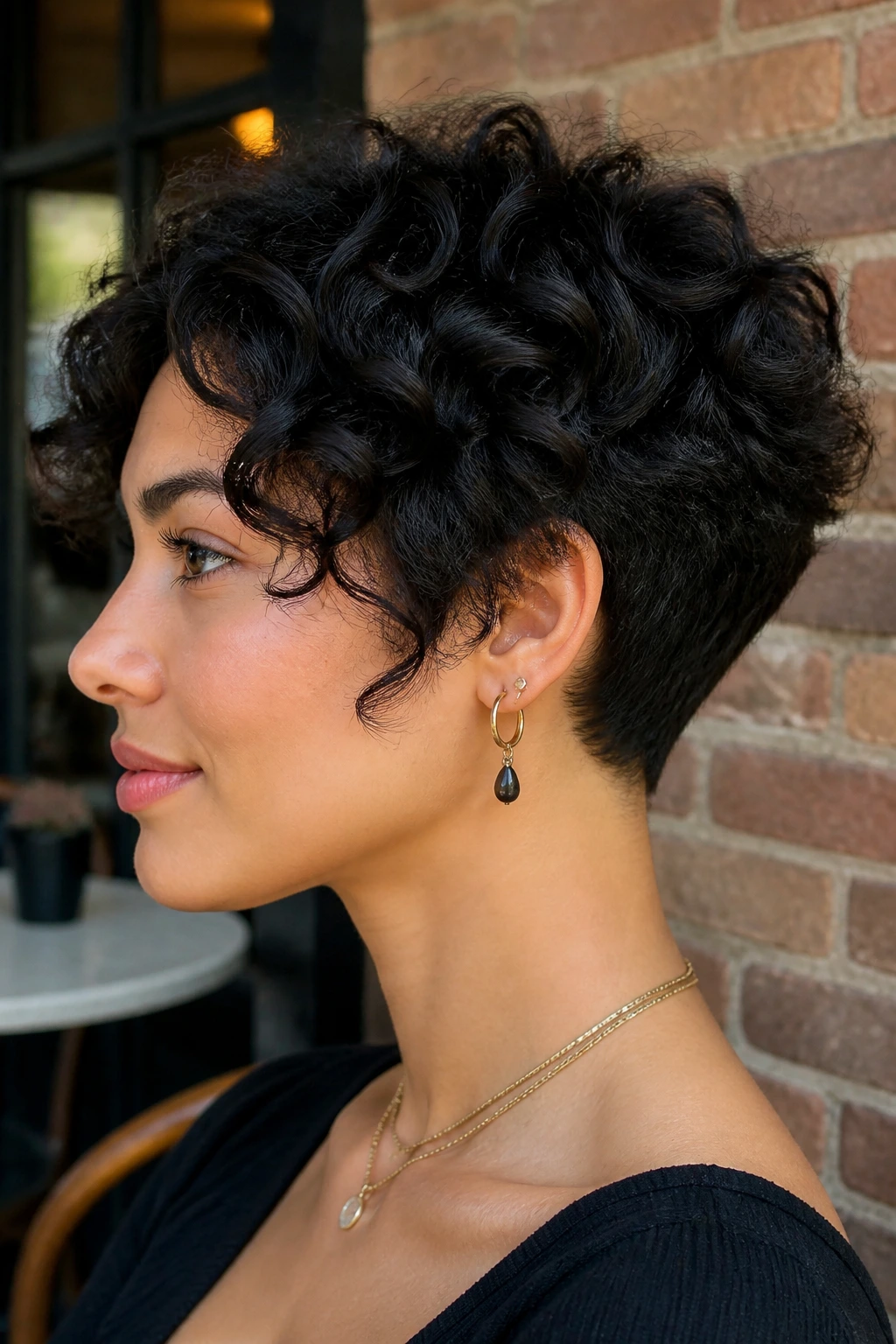 Close-up of a real woman with bixie cut and tapered nape.