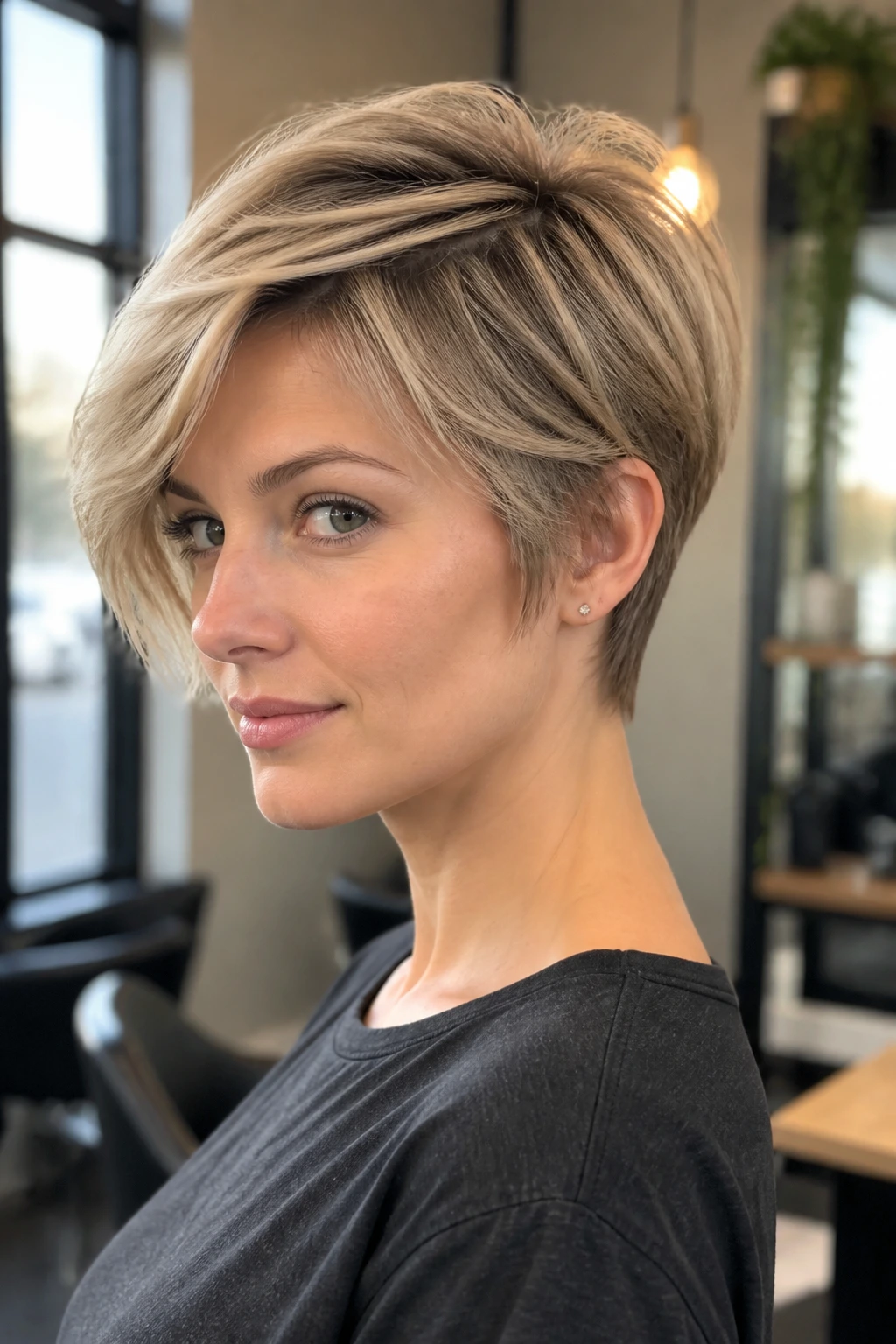 Close-up of a real woman with a bixie cut showing tapered nape and side sweep in natural daylight.