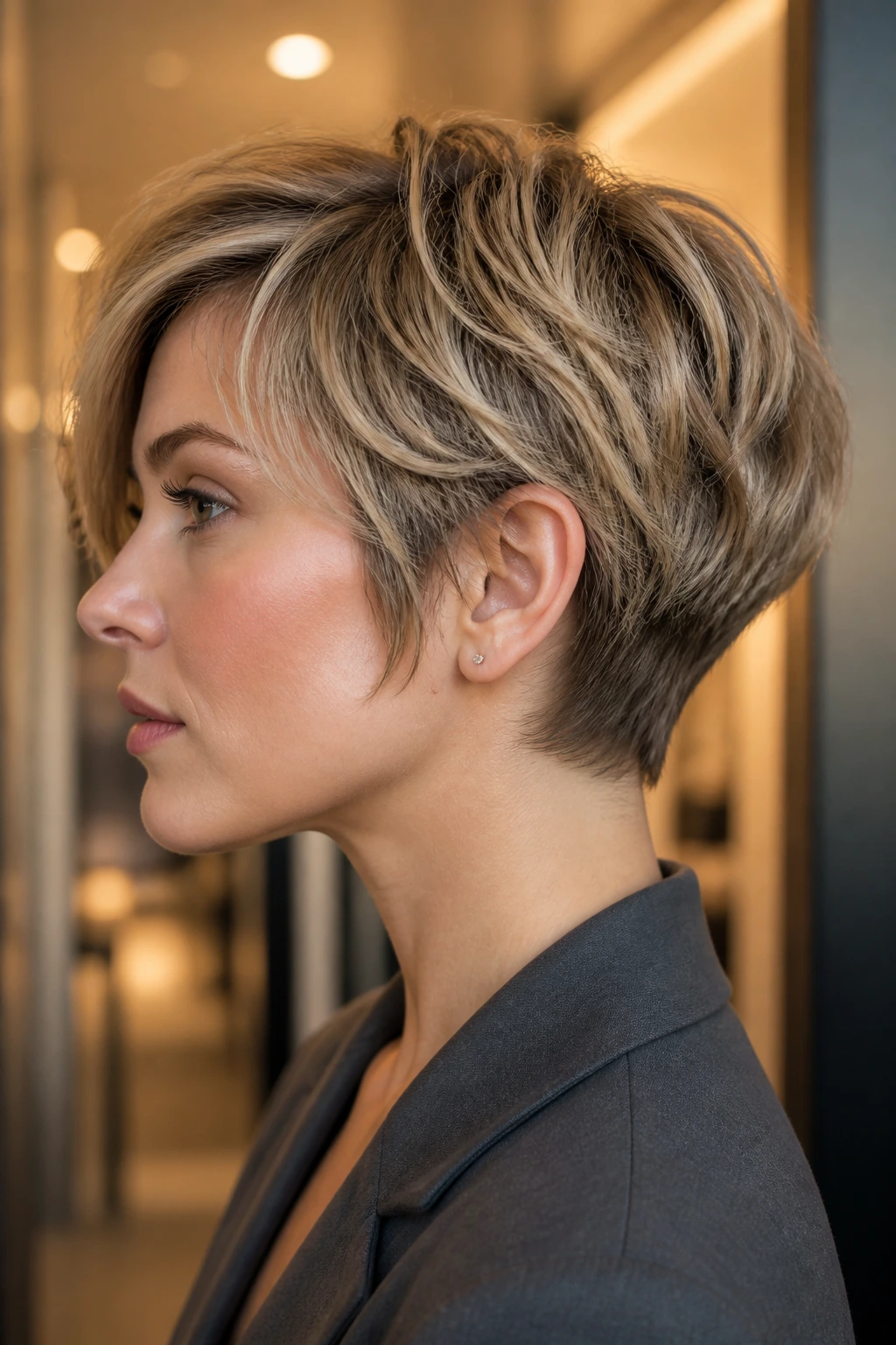 Real person with bixie haircut and tapered nape.