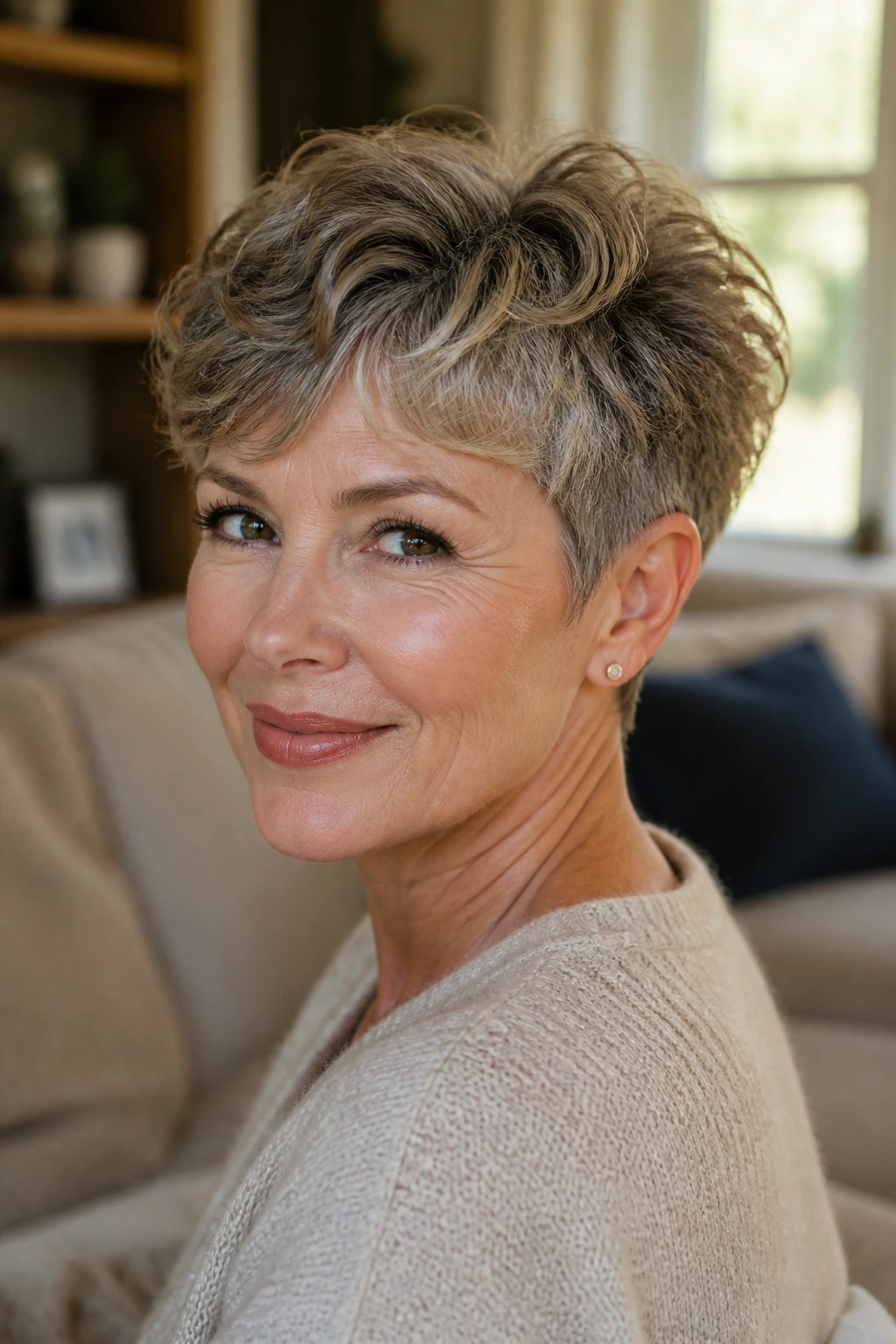 Close-up portrait of a real woman with a bixie haircut featuring waves on top and tapered sides.