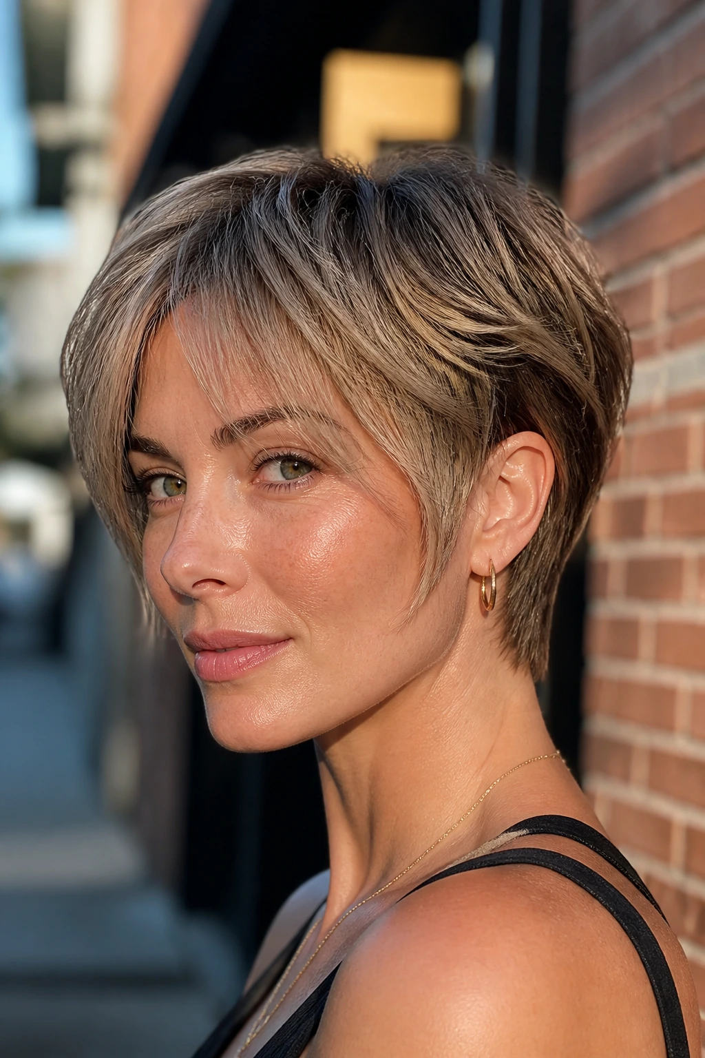 Real woman with bixie haircut featuring tapered temples
