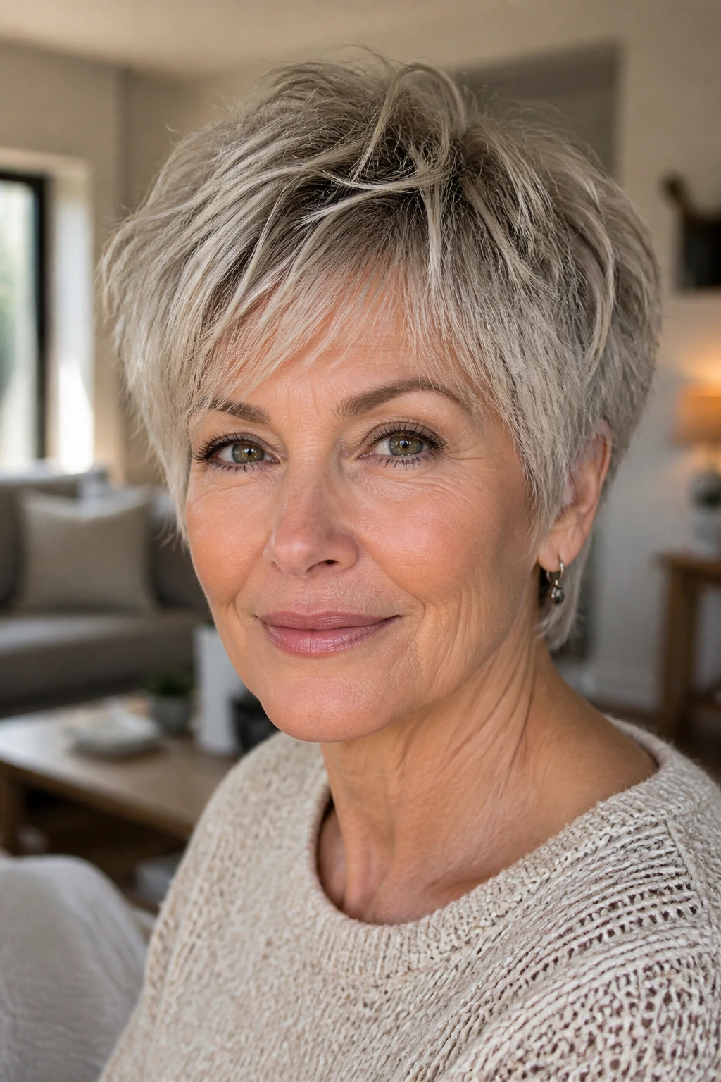 Close-up portrait of a woman with bixie cut and piecey texture