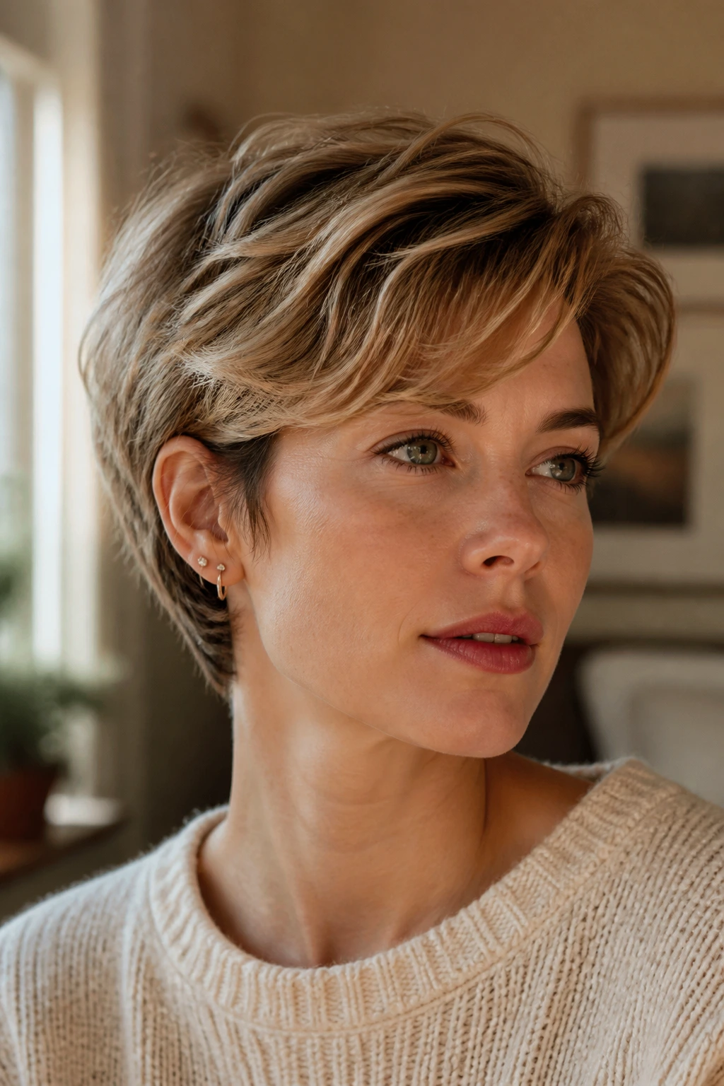 Portrait of a woman with a bixie cut showing vintage variation